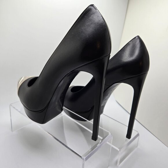 YSL Janis Pumps Pointed Cap Toes Zebra Pattern Snakeskin Calf Leather Black 40 - Picture 11 of 14